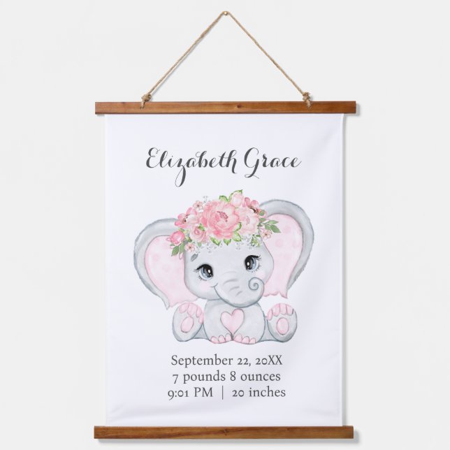Pink Baby Elephant Birth Stats Baby Shower Gift Hanging Tapestry (Front)
