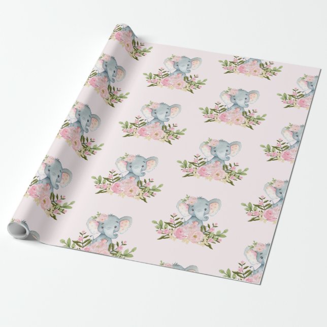 Pink Baby Elephant Girl Shower 1st Birthday Party Wrapping Paper (Unrolled)