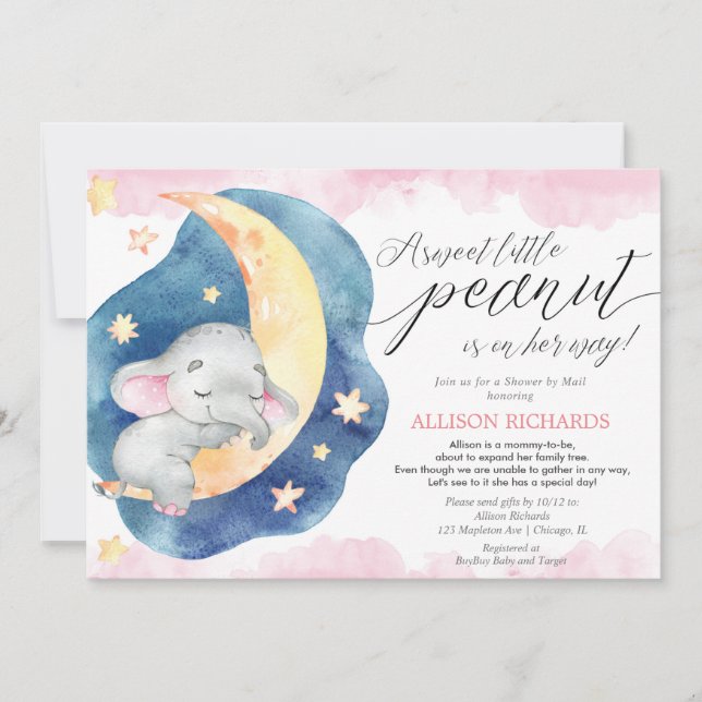 Pink baby elephant shower by mail baby shower invitation (Front)