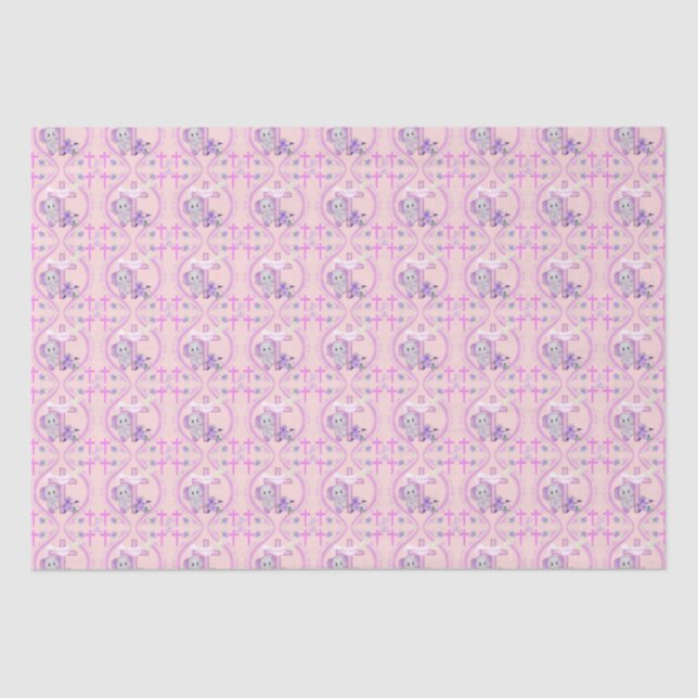 Pink Baby Elephant With Dove And Cross Baptism  Tissue Paper (Front)