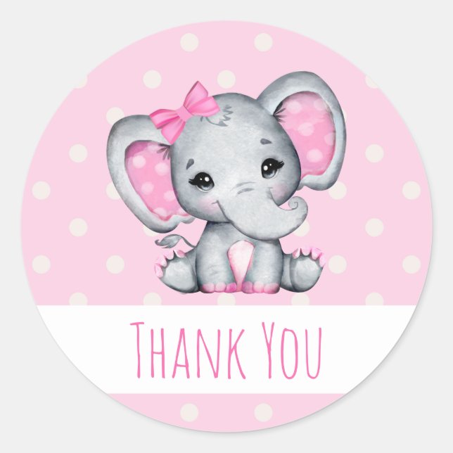 Pink Baby Elephant with Polka Dot Ears Thank You Classic Round Sticker (Front)