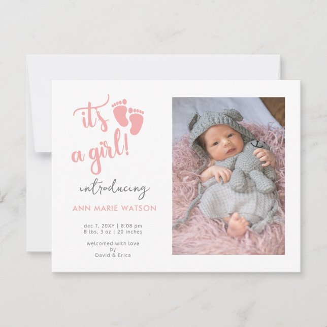 Pink Baby Feet its a Girl Photo Birth Announcement (Front)