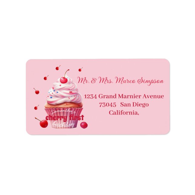 Pink Baby First Cherry & Cupcake Birthday Party Label (Front)