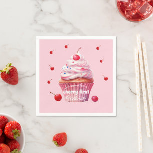 Pink Baby First Cherry & Cupcake Birthday Party Napkin