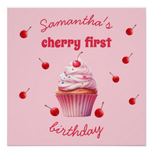 Pink Baby First Cherry & Cupcake Birthday Party  Poster