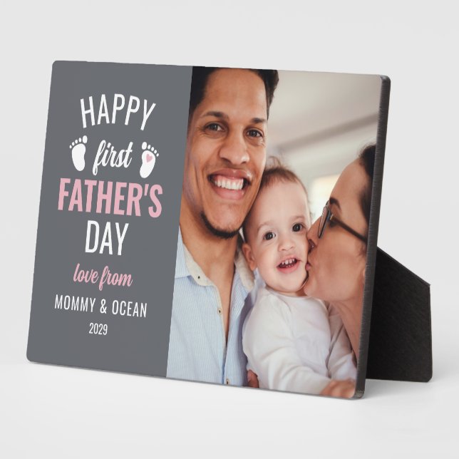 Pink Baby Footprint Happy 1st Father's Day Photo Plaque (Side)