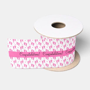 Pink Baby Footprints and Hearts Satin Ribbon