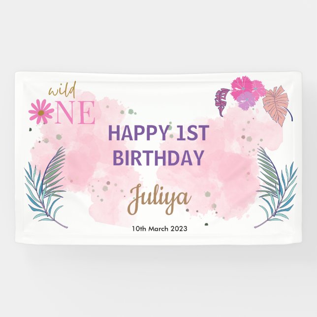 pink baby girl 1st  Birthday Banner (Horizontal)