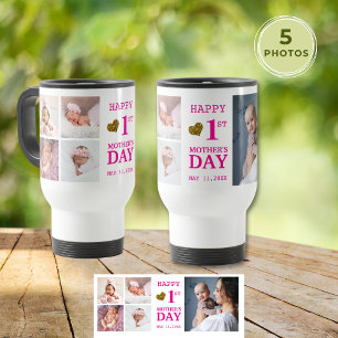 Pink Baby Girl 1st Mother's Day 5 Photo Collage Travel Mug