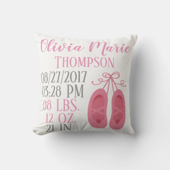Pink Baby Girl Ballerina Shoes Ballet Dancer Birth Throw Pillow (Front)