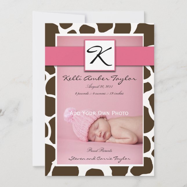 Pink Baby Girl Birth Announcement Giraffe Pattern (Front)