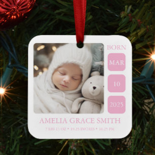 Pink Baby Girl Birth Stat Photo Christmas Ornament