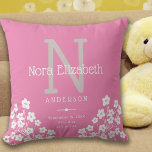 Pink Baby Girl Birth Stats Daisy Monogram Nursery Throw Pillow<br><div class="desc">This cute nursery pillow features a pink background with accents of white daisies and is perfect for a newborn baby girl. The design offers custom text for a monogram,  name and birth stats.</div>