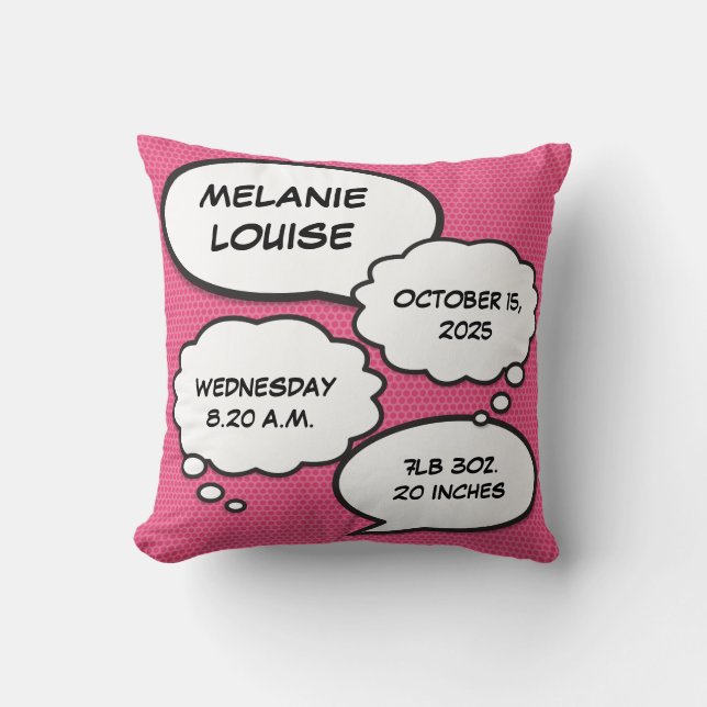 Pink Baby Girl Birth Stats Fun Comic Book Keepsake Throw Pillow (Front)