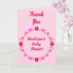 Pink Baby Girl Butterflies and Flowers Baby Shower Card