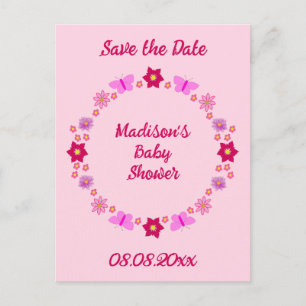 Pink Baby Girl Butterflies and Flowers Baby Shower Postcard