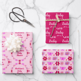 Pink Baby Girl Butterflies and Flowers Baby Shower Wrapping Paper Sheet