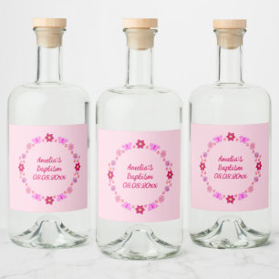 Pink Baby Girl Butterflies and Flowers Baptism Liquor Bottle Label