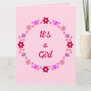 Pink Baby Girl Butterflies and Flowers Custom Card