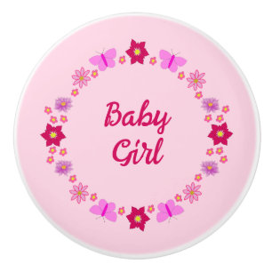 Pink Baby Girl Butterflies and Flowers Custom Ceramic Knob