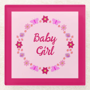 Pink Baby Girl Butterflies and Flowers Custom Glass Coaster
