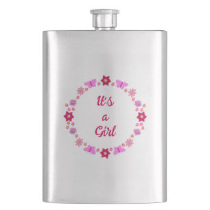 Pink Baby Girl Butterflies and Flowers Custom Hip Flask