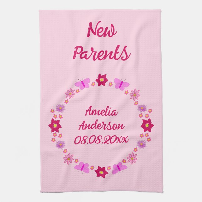 Pink Baby Girl Butterflies and Flowers Custom Kitchen Towel (Vertical)