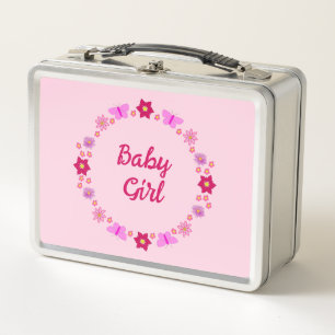 Pink Baby Girl Butterflies and Flowers Custom Metal Lunch Box
