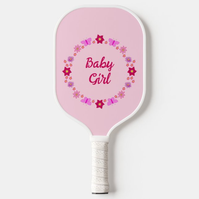 Pink Baby Girl Butterflies and Flowers Custom Pickleball Paddle (Front)