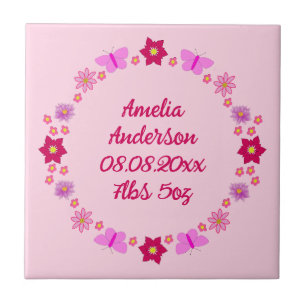 Pink Baby Girl Butterflies and Flowers Custom Tile
