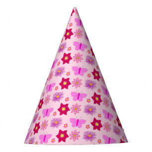 Pink Baby Girl Butterflies and Flowers Patterned Party Hat