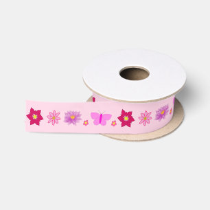 Pink Baby Girl Butterflies and Flowers Patterned Satin Ribbon