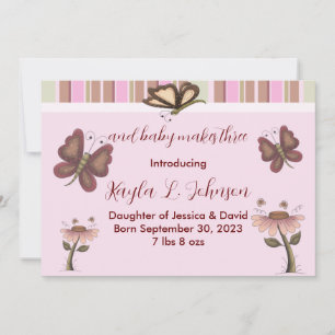 Pink Baby Girl Butterfly Flower Birth Announcement