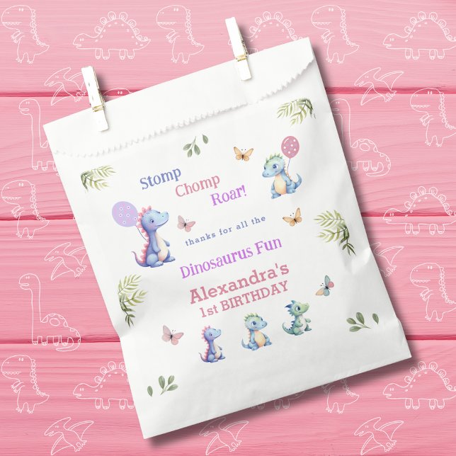Pink Baby Girl Dinosaur 1st Birthday thank you Favour Bag (Creator Uploaded)