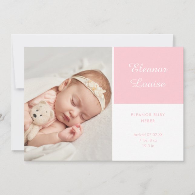 Pink Baby Girl Elegant Script Photo Birth Announcement (Front)