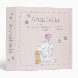 Pink Baby Girl Elephant Custom Name Birth Details Binder
