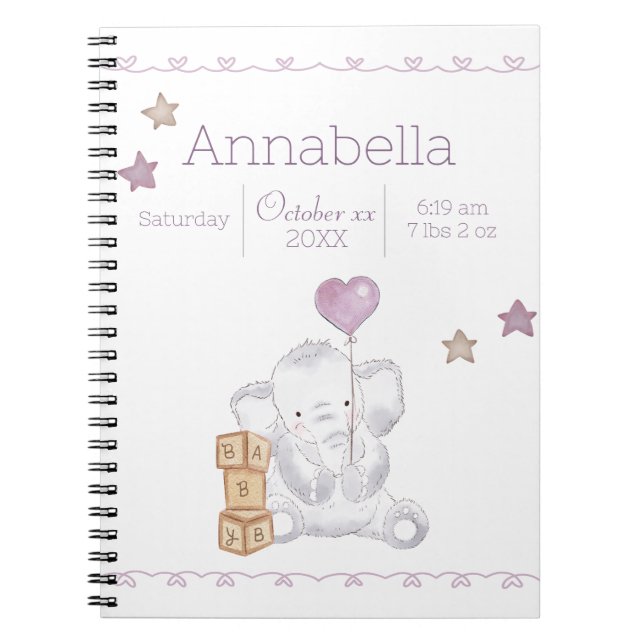 Pink Baby Girl Elephant Custom Name Birth Details Notebook (Front)