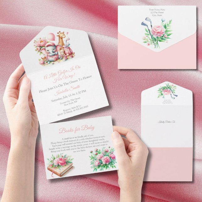 Pink Baby Girl Elephant & Giraffe Golf Baby Shower All In One Invitation (Perfect for golf-loving parents-to-be expecting a baby girl's arrival soon!)