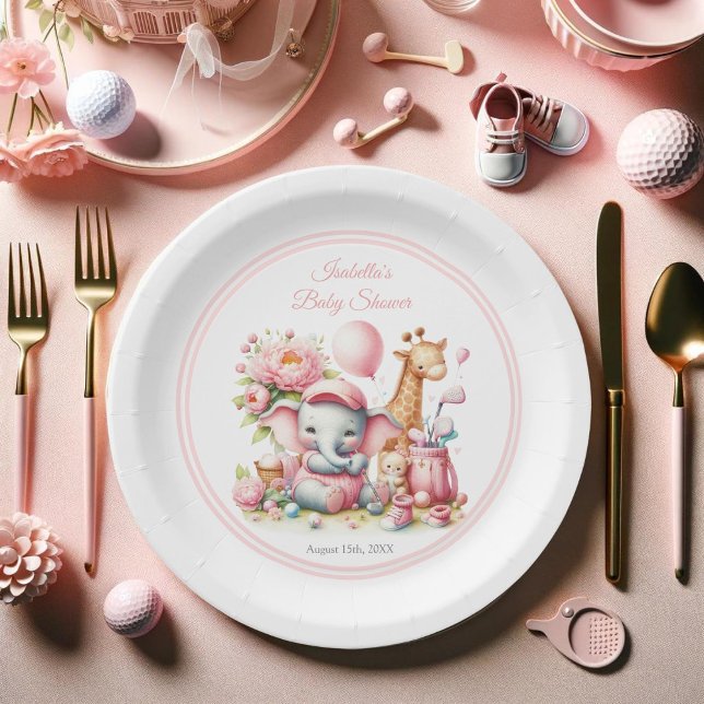 Pink Baby Girl Elephant & Giraffe Golf Baby Shower Paper Plate (Have your guest eat off this sweet coordinating baby shower paper plate. )