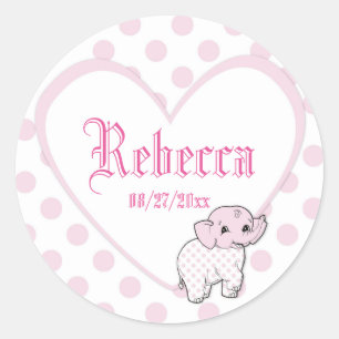 Pink Baby Girl Elephant Heart and Polka Dots Classic Round Sticker