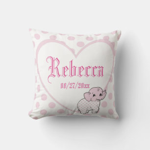 Pink Baby Girl Elephant Heart and Polka Dots Throw Pillow