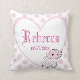 Pink Baby Girl Elephant Heart and Polka Dots Throw Pillow