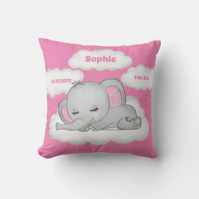 Pink Baby Girl Elephant Keepsake Name Birth Stats Throw Pillow (Front)