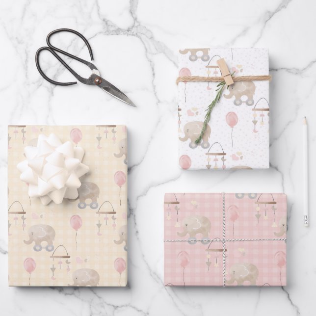Pink Baby Girl Elephant  Wrapping Paper Sheet (Front)