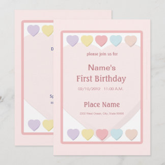 Pink Baby Girl First Birthday Hearts Invitation