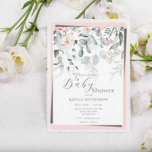 Pink Baby Girl Floral Modern Baby Shower Invitation