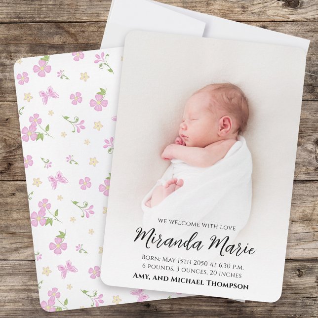 Pink Baby Girl Floral Photo Birth Announcement (Baby photo announcement card with floral and butterfly pattern. )