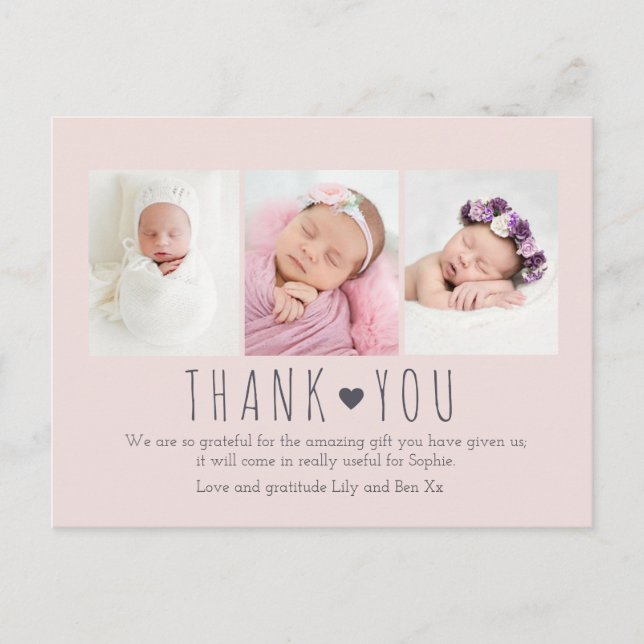 Pink baby girl modern photo thank you card (Front)