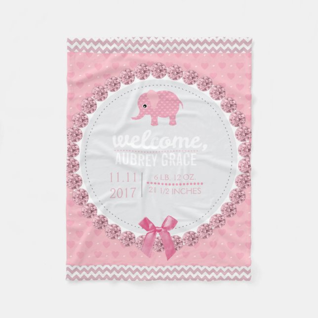 Pink Baby Girl Nursery | Elephant Personalized Fleece Blanket (Front)