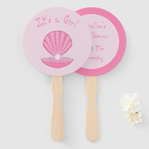 Pink Baby Girl Oyster shell and Pearl Baby Shower Hand Fan